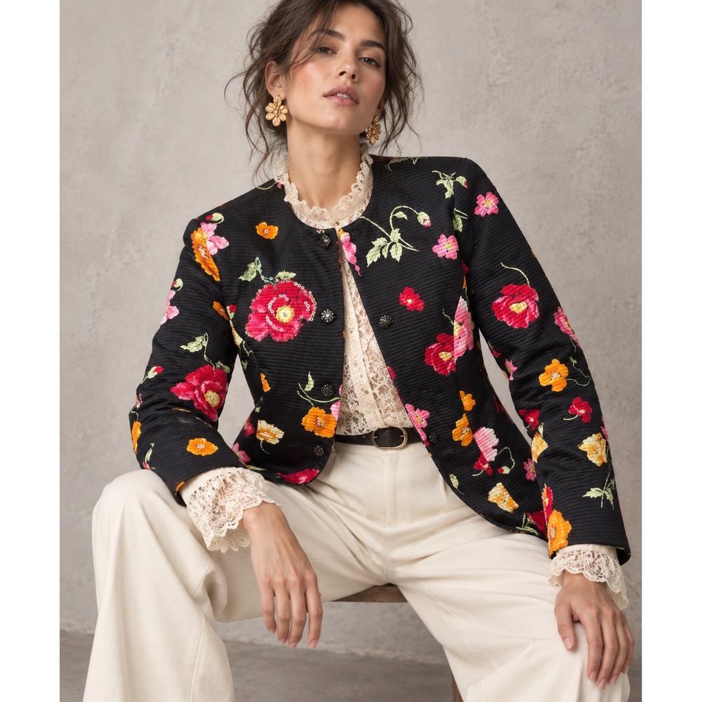 VTG Sera B. New York Quilted 100% Silk Floral Sequin Button Front Jacket Black 8